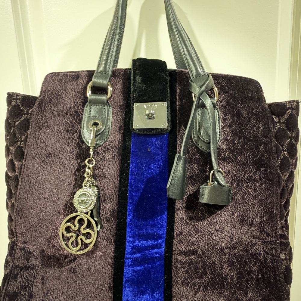 V 73 Plush Plum Velvet Tote with Royal Blue Velvet Accent